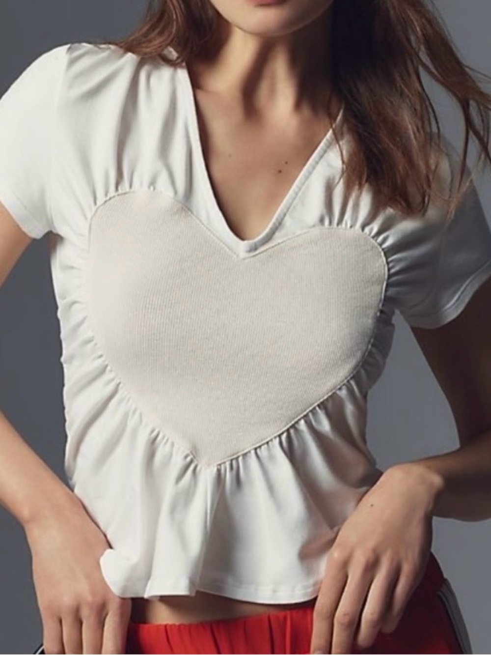 White Heart Appliqué V-Neck Tee